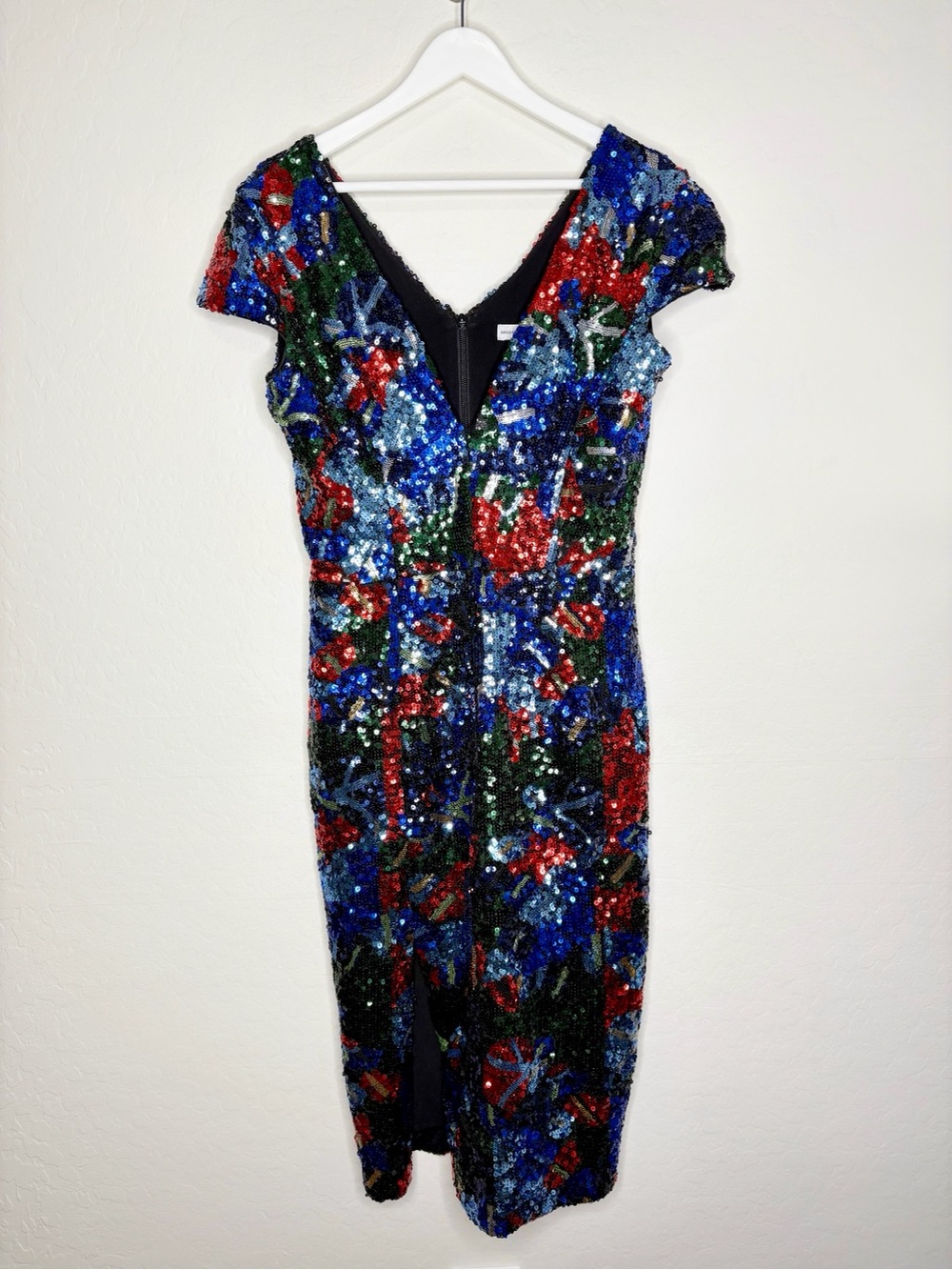 Dress the Population Elin Sequin Midi Dress Multicolor Floral Cap Sleeve Large